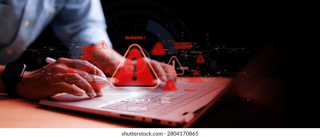 Computer user facing cyber attack warning alerts on laptop, deepfake fraud detection, virus infection notification, cybersecurity system failure.