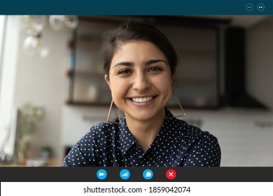 Computer Video Call Application Screen Head Shot View Smiling Beautiful Indian Mixed Race Woman Looking At Web Camera, Communicating Distantly With Friends Or Family, Easy Technology Usage Concept.