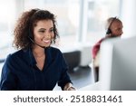 Computer, virtual assistant or African woman in call centre, telecom or tech support for customer care. Consultant, telemarketing or happy inbound agent in agency with loan advice, help or headset