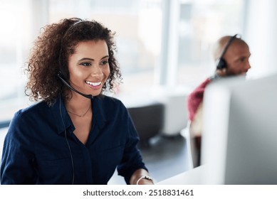 Computer, virtual assistant or African woman in call centre, telecom or tech support for customer care. Consultant, telemarketing or happy inbound agent in agency with loan advice, help or headset