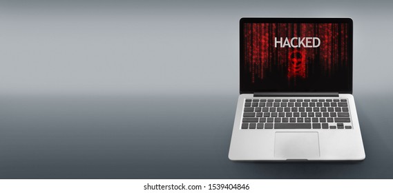 Computer virus concept. 3d render of laptop with hacking alert on screen over grey background, panorama