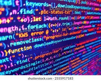 Computer virus concept. Code on monitor. Programming code on monitor screen. White lines of code over purple background. Green binary code on computer screen texture background. Developer work.