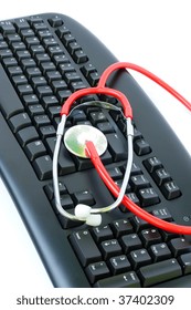Computer virus concept with keyboard and stethoscope