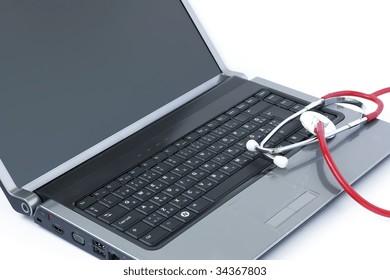 Computer virus concept with laptop and stethoscope