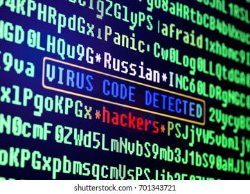 Computer virus concept. Virus in program code. Russian hackers.