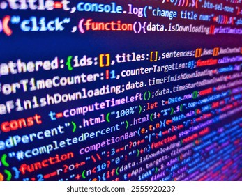 Computer virus concept. Software development monitor screen background. Assembly programming language code. Real programmer monitor and screen. Binary code. Technological stock exchange chart.