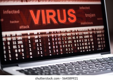 Computer Virus Protection Concept. Alert Of Hacker Attacks On The Laptop Screen