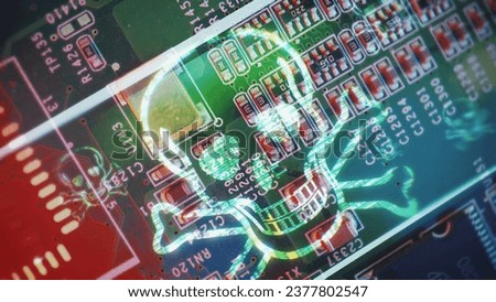 Computer virus skull graphic on Microchip motherboard inside computer system. Internet security, firewall, hackers capture data