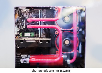 Computer with water cooling system.Inside of air cooled high performance modern.Fan LED light.
