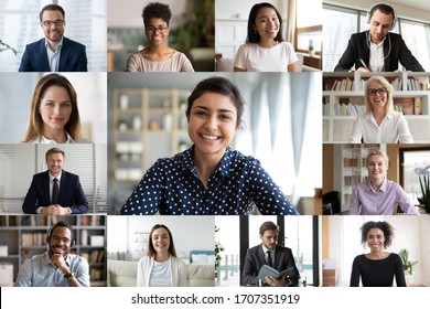 Computer webcam screen full frame view, multi racial young and older businesspeople involved in group on-line videoconference meeting led indian lady, using videocall visual virtual modern application