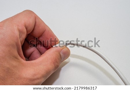 A computer wizard strips the wires of an Internet cable for connecting a twisted pair cable to a jack RJ-45