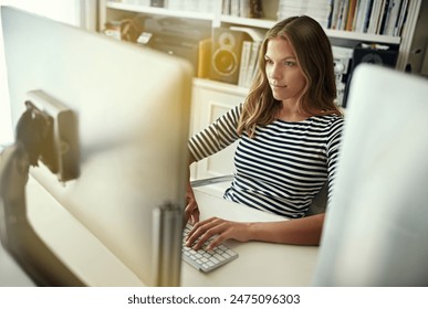 Computer, working and home office desk with woman and freelance writing in the study with tech. Entrepreneur, online and digital job with blog writer and internet for article post for website above