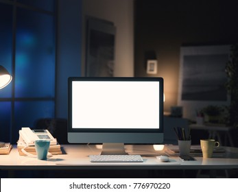 Computer Workstation At Home, Blank Screen With Copy Space And Room Interior On The Background