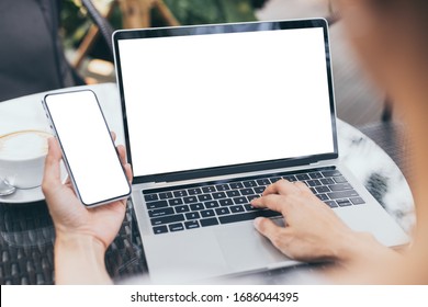 Computer,cell Phone Mockup Image Blank Screen With White Background For Advertising Text,hand Woman Using Laptop Texting Mobile Contact Business Search Information On Desk In Cafe.marketing,design