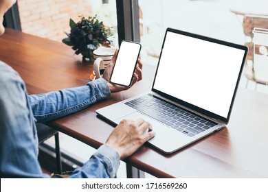 Computer,cell Phone Mockup Image Blank Screen With White Background For Advertising,hand Woman Work Using Laptop Texting Mobile Contact Business Search Information On Desk In Cafe.marketing,design