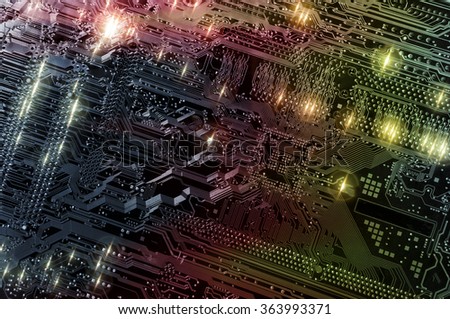 computers circuitboard, motherboard, microchips and electronics in various shades