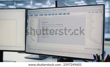Computers in data center hosting rackmount ensuring faultless operations conditions. Close up of PC monitors on desk used for monitoring data center devices energy consumption