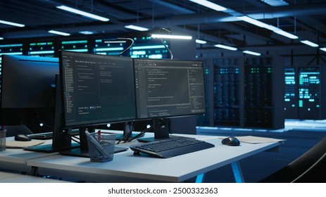 Computers in data center used for managing infrastructure rigs energy consumption. PC screens in high tech workplace used for automation and monitoring processes in server farm - Powered by Shutterstock - Get 15% off with code: PIKWIZARD15