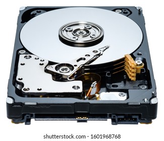 a computer's hard disk hdd data storage drive without shield isolated  in white background show magnetic disc and electronic part inside