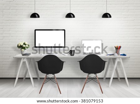 Computers on the desk in the office. Workplace with pc and laptop isolated displays for mock up. Chairs, lamps, flower, plant, pencils, cup of coffee on table.