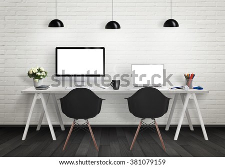 Computers on the desk in the office. Workplace with pc and laptop isolated displays for mock up. Chairs, lamps, flower, plant, pencils, cup of coffee on table.