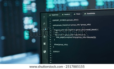 Computers in server hub used to ensure optimal performance and reliability, managing mainframes. Close up of code running on PC display in high tech data center used for overseeing network connections
