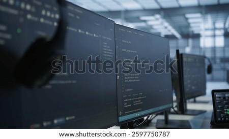 Computers and tablet in server room used for developing disaster recovery plans ensuring minimal downtime. Data center electronic equipment used for monitoring performance