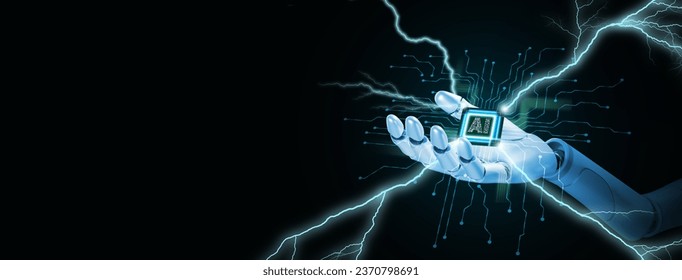 Computing power technology and performance concept. Super powerful CPU or microchip in the hand of a robot or AI, artificial intelligence, with lightning bolts, sparks of electricity