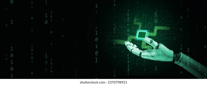 Computing power technology and performance concept. Super powerful CPU or microchip in the hand of a robot or AI, artificial intelligence, with binary code 