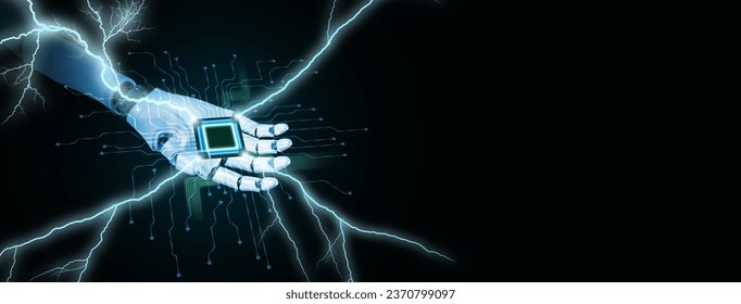 Computing power technology and performance concept. Super powerful CPU or microchip in the hand of a robot or AI, artificial intelligence, with lightning bolts, sparks of electricity