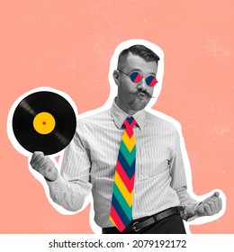 Comtemporary art collage of stylish man with colorful tie, trendy sunglasses holding vinyl record isolated over pink background. Concept of art, music, creativity, vintage style. Copy space for ad
