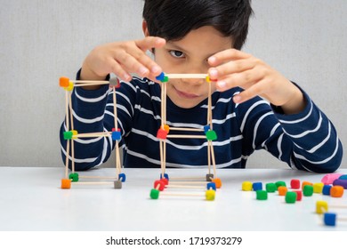 Concentrated Boy Making Structure Toothpicks Colored Stock Photo 