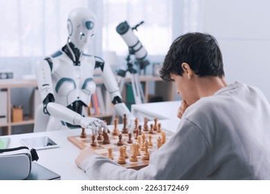 Premium AI Image  Robot With Humanlike Face Playing Chess Against Computer  Screen Displaying Virtual Opponent Generative AI