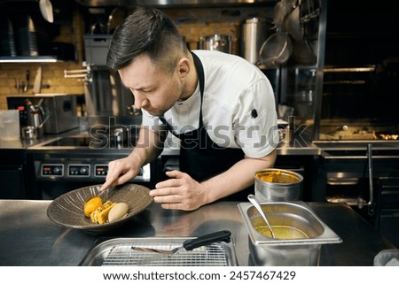Similar – Image, Stock Photo Concentrated chef adding cream inside ceramic plate