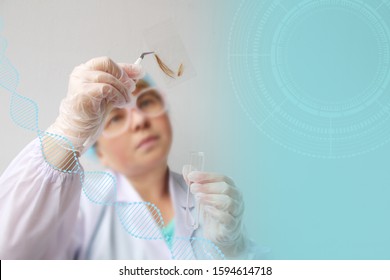 concentrated female person raising hand while looking at hair sample, curls in a package for research by genetic research in the laboratory, test tube in the other hand, DNA analysis concept