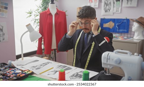 A concentrated hispanic man adjusting glasses in a tailor shop with mannequin, sketches, and sewing machine. - Powered by Shutterstock