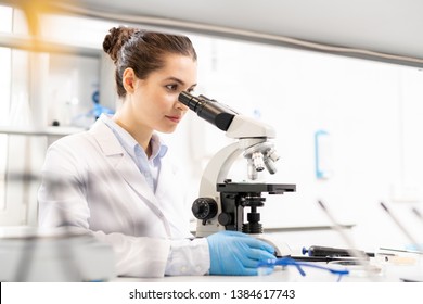 Concentrated Inquisitive Young Female Biologist In Lab Coat Sitting At Table And Using Microscope While Observing Material At Molecular Level