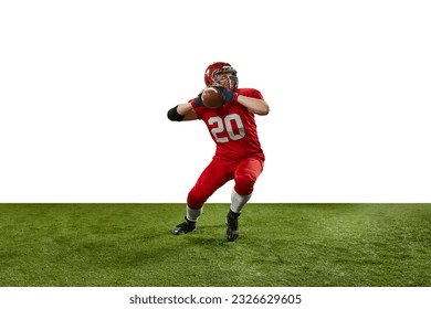 Concentrated man in red uniform, american football player in motion during game, serving ball over white background. Concept of professional sport, action, lifestyle, competition, hobby, training, ad - Powered by Shutterstock