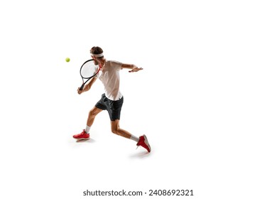 Concentrated man, tennis athlete in motion during gamer, practicing, playing, hitting ball with racket isolated over white background. Sport, hobby, active and healthy lifestyle, competition concept - Powered by Shutterstock