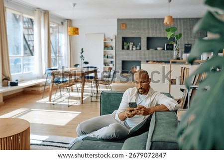Concentrated man using smartphone sitting on comfortable sofa in bright modern apartment with open space kitchen and dining table
