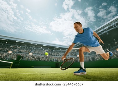 Concentrated mature man, tennis player in motion during game, servign ball with racket. 3d render court, open air arena. Concept of professional sport, game, match, competition, hobby, ad - Powered by Shutterstock