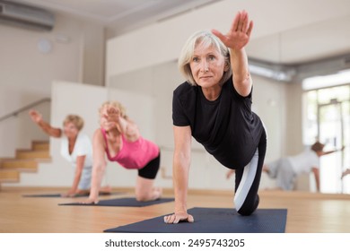 Concentrated mature woman practicing Dandayamna Bharmanasana, balancing posture of Hatha yoga during group workout at gym. - Powered by Shutterstock