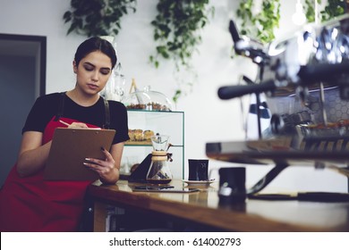 Concentrated professional administrative manager of coffee shop making revisions after working day using documentation and accounting of incomes from service and sale and cost making report          