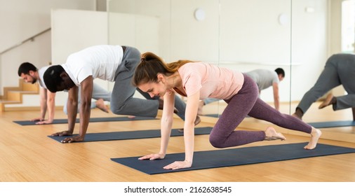 Concentrated Sporty Young Woman Doing Intense Bodyweight Workout In Fitness Studio, Performing Mountain Climber Exercise In Plank Pose..