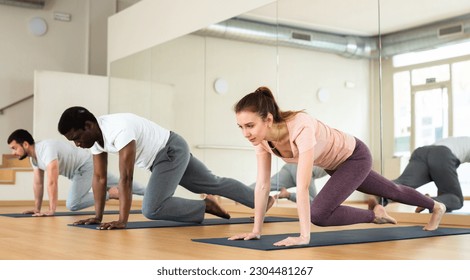 Concentrated sporty young woman doing intense bodyweight workout in fitness studio, performing mountain climber exercise in plank pose.. - Shutterstock ID 2304481267