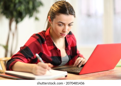 Concentrated student e-learning using laptop and taking notes at home