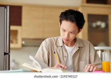 Concentrated Vietnamese Teenage Boy Doing Homework At Kitchen Table