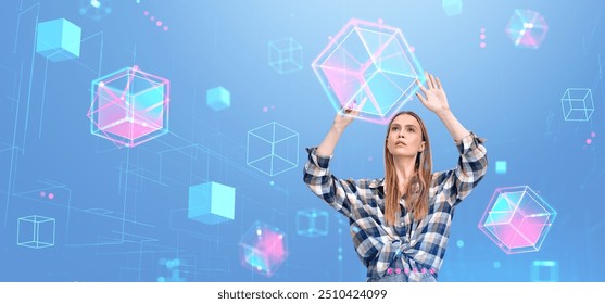 Concentrated woman portrait, hands touching cyber blocks. Double exposure with digital spheres floating in metaverse. Concept of futuristic technology, virtual reality and metaverse