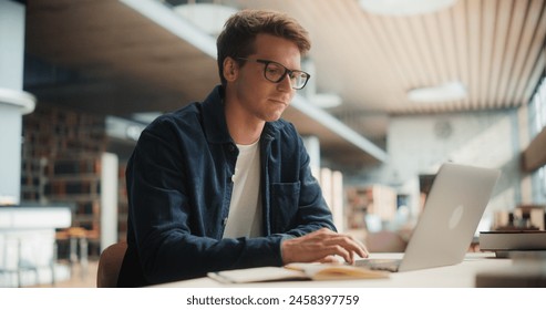 Concentrated Young Caucasian Male Student Engaged in Academic Research With Laptop and Books in Modern Library. Man Studying Hard, Focused on Computer Screen, Surrounded by Shelves Full of Books. - Powered by Shutterstock