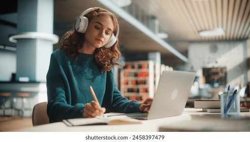 Concentrated Young Female Student Engaged in Academic Research With Laptop and Headphones at Modern Library Desk, Writing Notes and Studying Online.